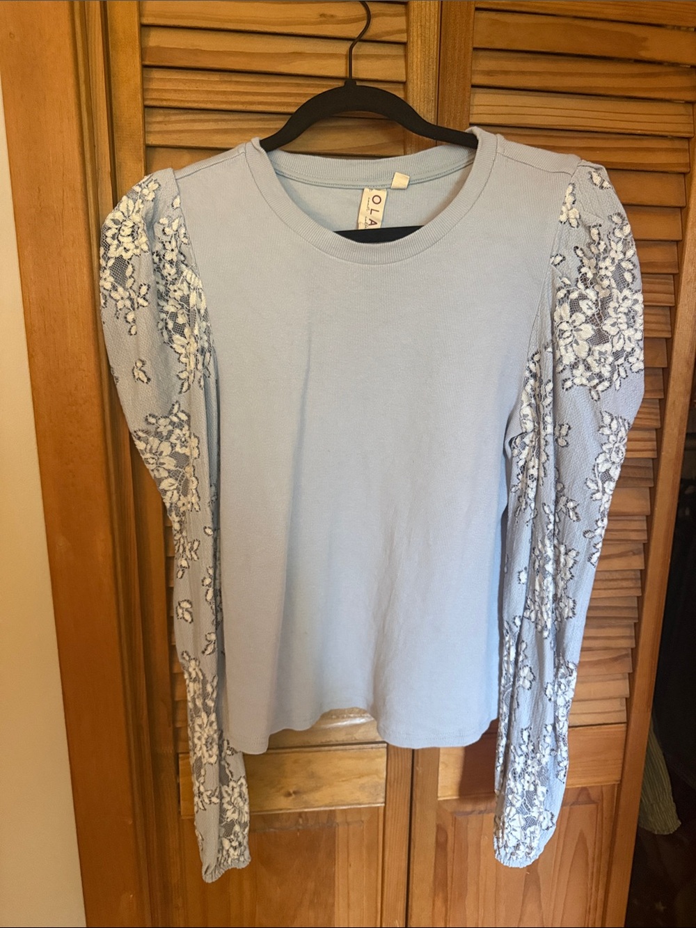 Light Blue Long Sleeve Top with Floral Lace Sleeves